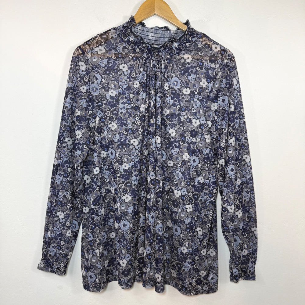 Lane Bryant Floral Mesh Top Sheer Blue Smock Mock Neck Garden Cottagecore 18/20